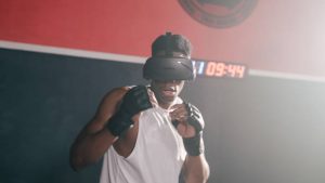 VR headset practicing his boxing