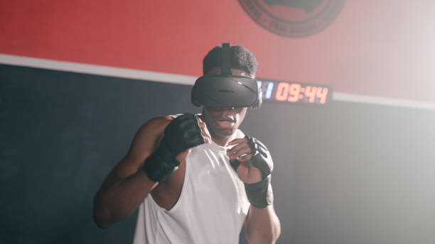 VR headset practicing his boxing